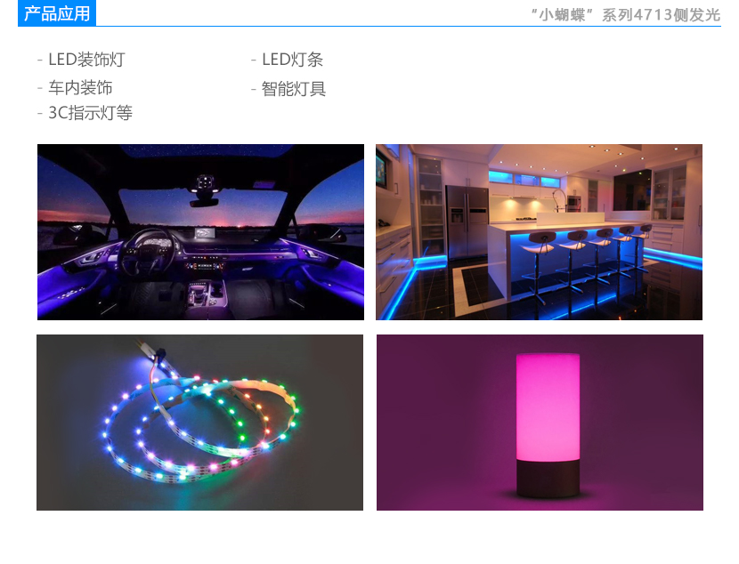 4713側發光燈珠應用領域:LED裝飾燈,LED燈條,車內裝飾,智能燈具,3C指示燈
